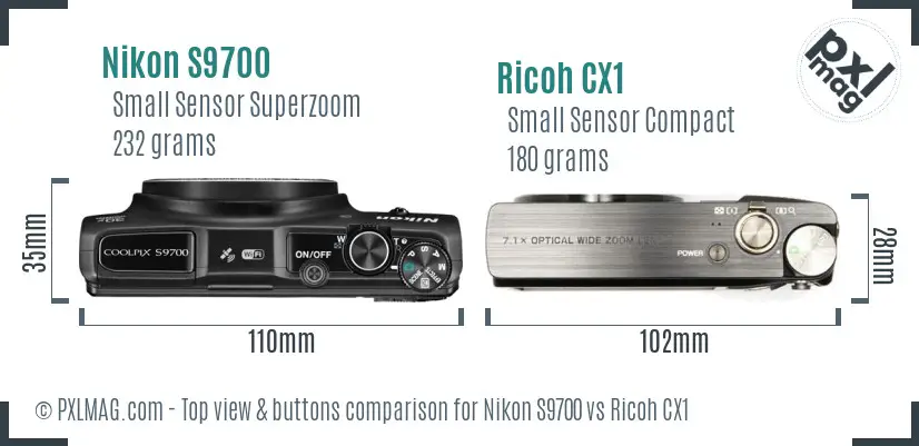 Nikon S9700 vs Ricoh CX1 top view buttons comparison