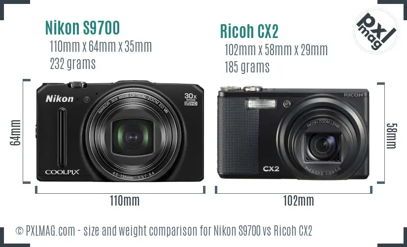 Nikon S9700 vs Ricoh CX2 size comparison