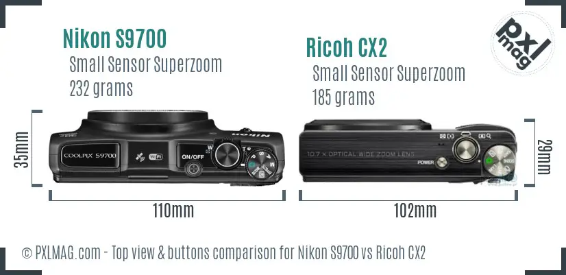 Nikon S9700 vs Ricoh CX2 top view buttons comparison