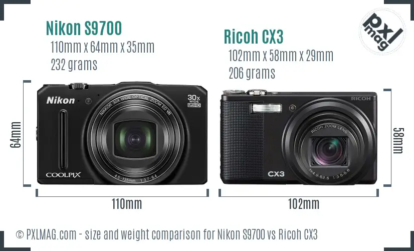 Nikon S9700 vs Ricoh CX3 size comparison