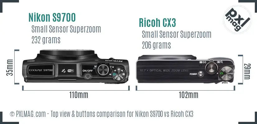 Nikon S9700 vs Ricoh CX3 top view buttons comparison