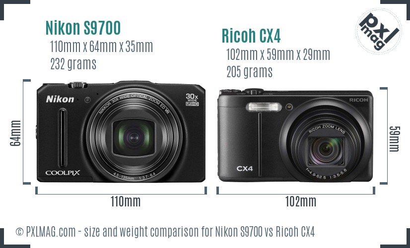 Nikon S9700 vs Ricoh CX4 size comparison