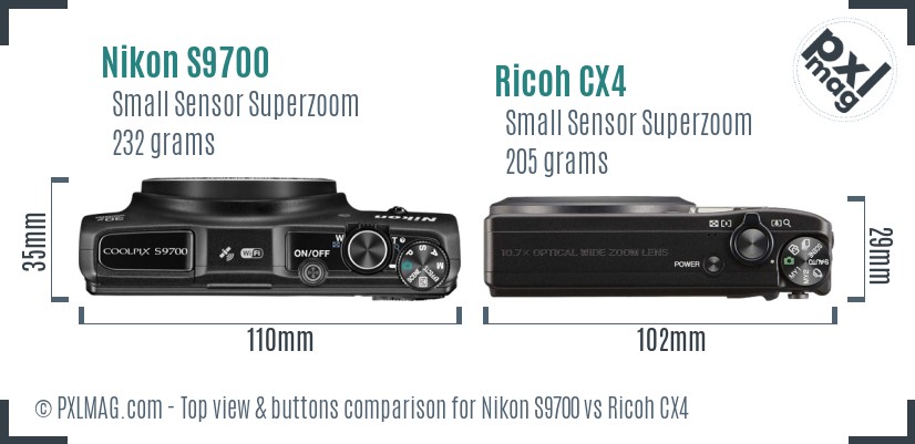 Nikon S9700 vs Ricoh CX4 top view buttons comparison