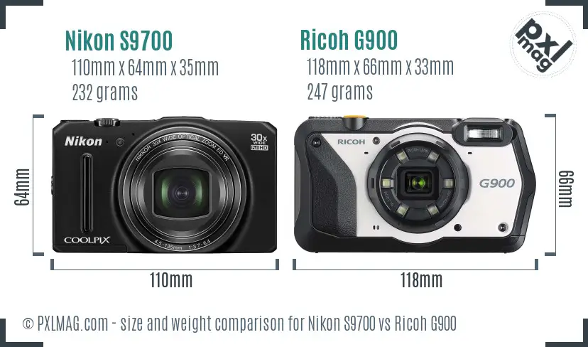 Nikon S9700 vs Ricoh G900 size comparison