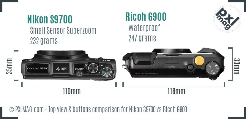 Nikon S9700 vs Ricoh G900 top view buttons comparison