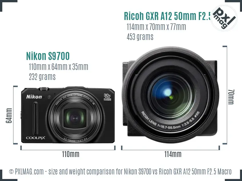 Nikon S9700 vs Ricoh GXR A12 50mm F2.5 Macro size comparison