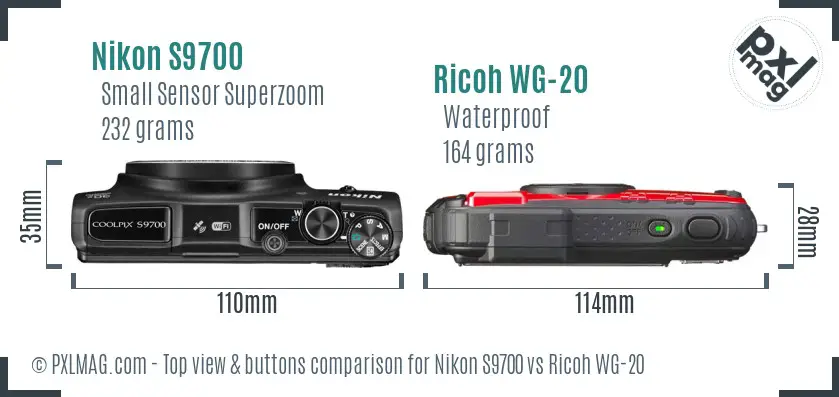 Nikon S9700 vs Ricoh WG-20 top view buttons comparison Nikon S9700 vs Ricoh WG-20 top view buttons comparison