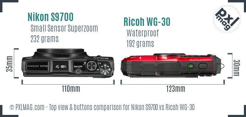 Nikon S9700 vs Ricoh WG-30 top view buttons comparison