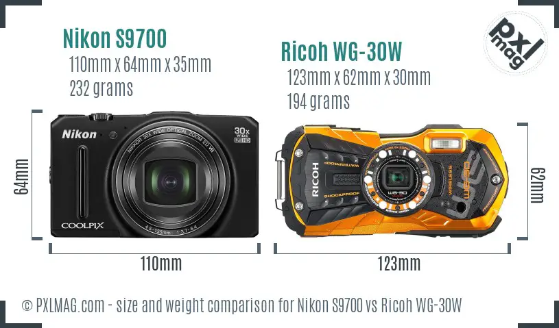Nikon S9700 vs Ricoh WG-30W size comparison