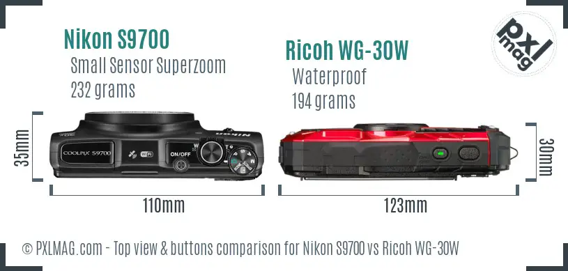 Nikon S9700 vs Ricoh WG-30W top view buttons comparison