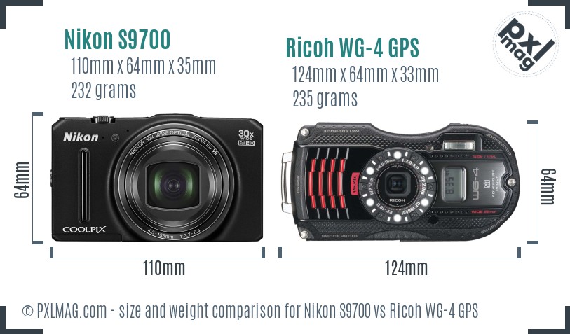 Nikon S9700 vs Ricoh WG-4 GPS size comparison