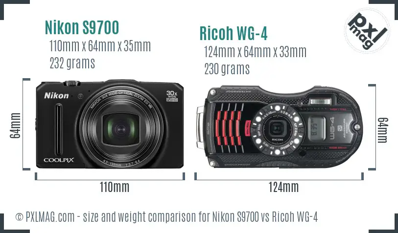 Nikon S9700 vs Ricoh WG-4 size comparison