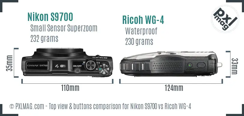 Nikon S9700 vs Ricoh WG-4 top view buttons comparison