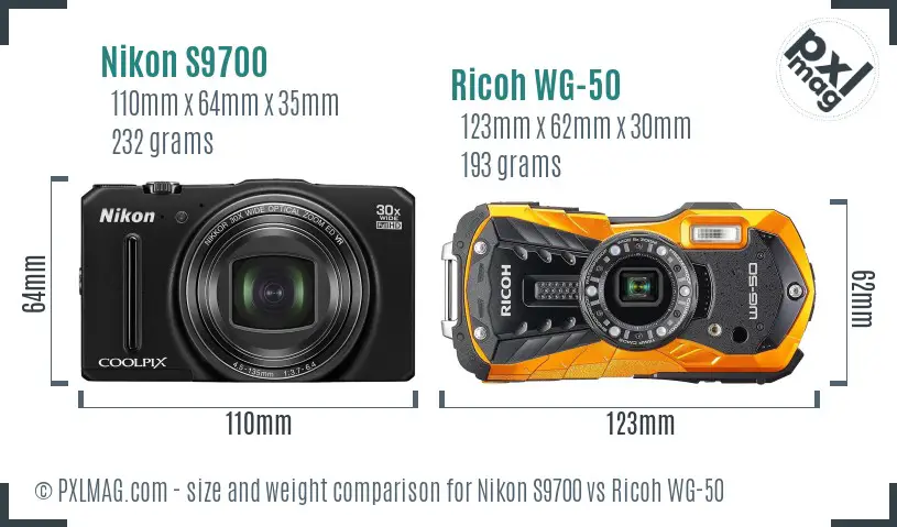 Nikon S9700 vs Ricoh WG-50 size comparison