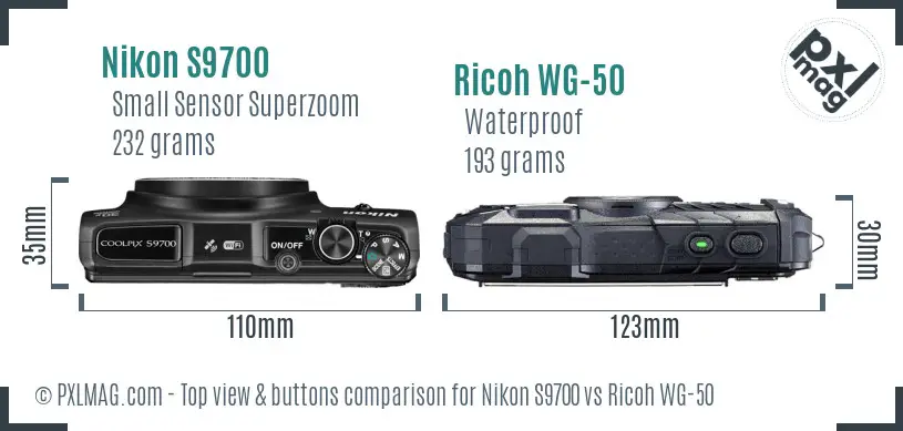 Nikon S9700 vs Ricoh WG-50 top view buttons comparison