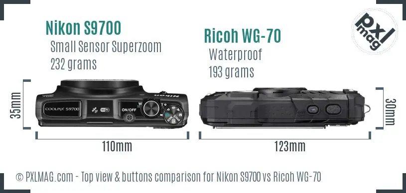 Nikon S9700 vs Ricoh WG-70 top view buttons comparison Nikon S9700 vs Ricoh WG-70 top view buttons comparison