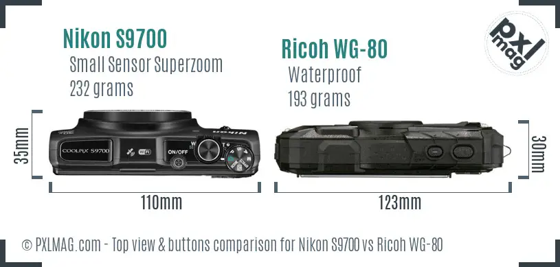 Nikon S9700 vs Ricoh WG-80 top view buttons comparison