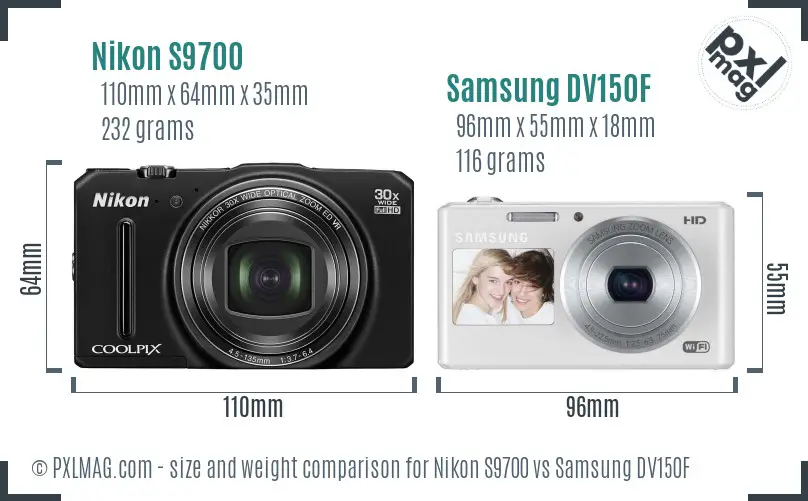 Nikon S9700 vs Samsung DV150F size comparison