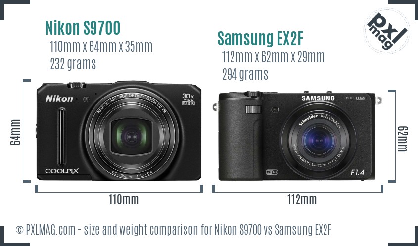 Nikon S9700 vs Samsung EX2F size comparison