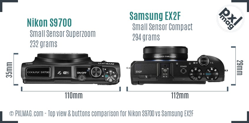 Nikon S9700 vs Samsung EX2F top view buttons comparison