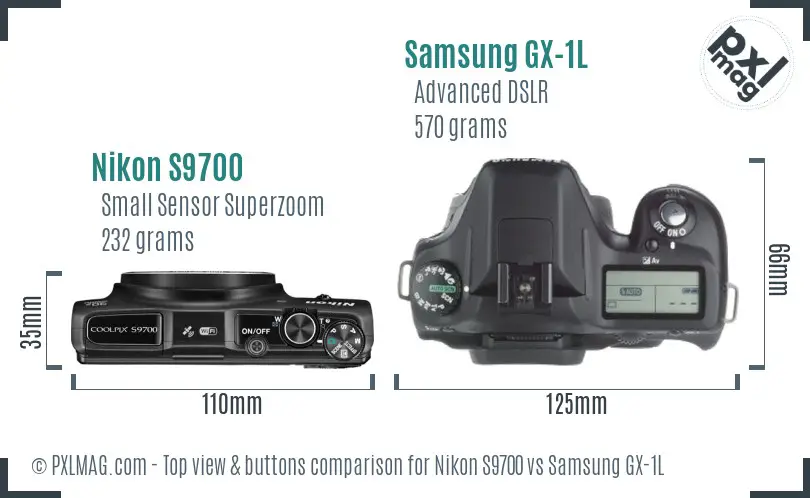 Nikon S9700 vs Samsung GX-1L top view buttons comparison