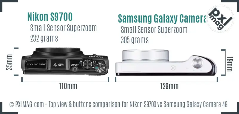 Nikon S9700 vs Samsung Galaxy Camera 4G top view buttons comparison Nikon S9700 vs Samsung Galaxy Camera 4G top view buttons comparison