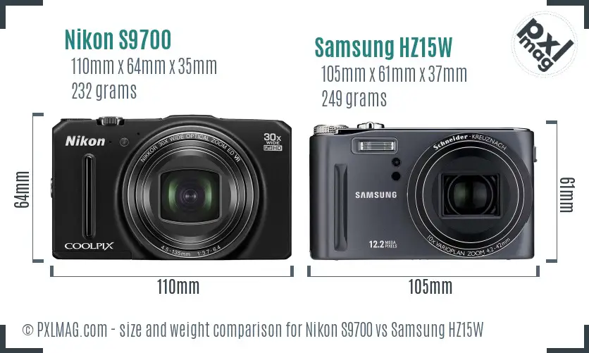 Nikon S9700 vs Samsung HZ15W size comparison