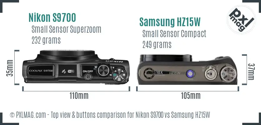 Nikon S9700 vs Samsung HZ15W top view buttons comparison