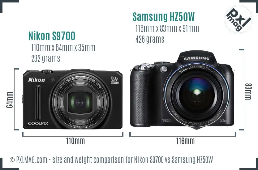 Nikon S9700 vs Samsung HZ50W size comparison Nikon S9700 vs Samsung HZ50W size comparison