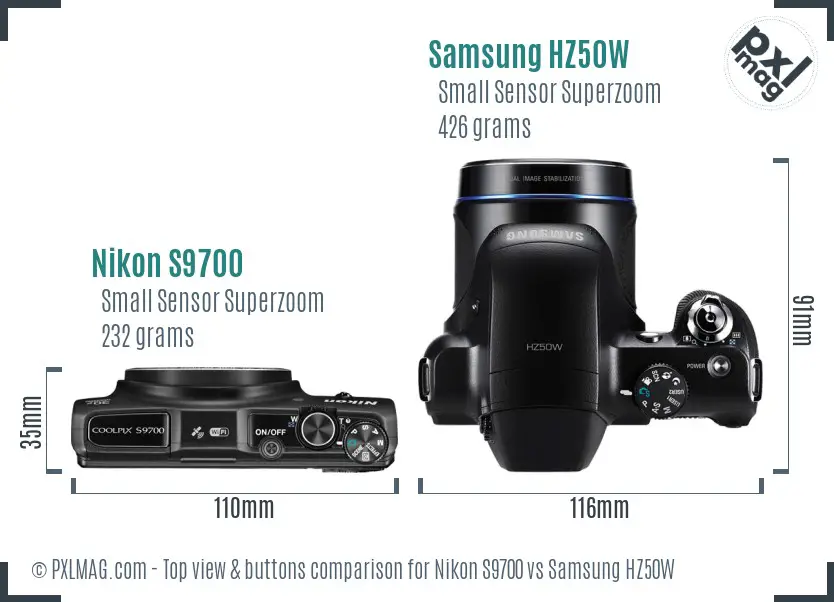 Nikon S9700 vs Samsung HZ50W top view buttons comparison