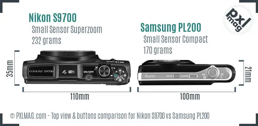 Nikon S9700 vs Samsung PL200 top view buttons comparison