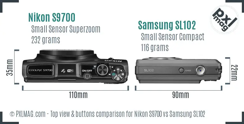 Nikon S9700 vs Samsung SL102 top view buttons comparison
