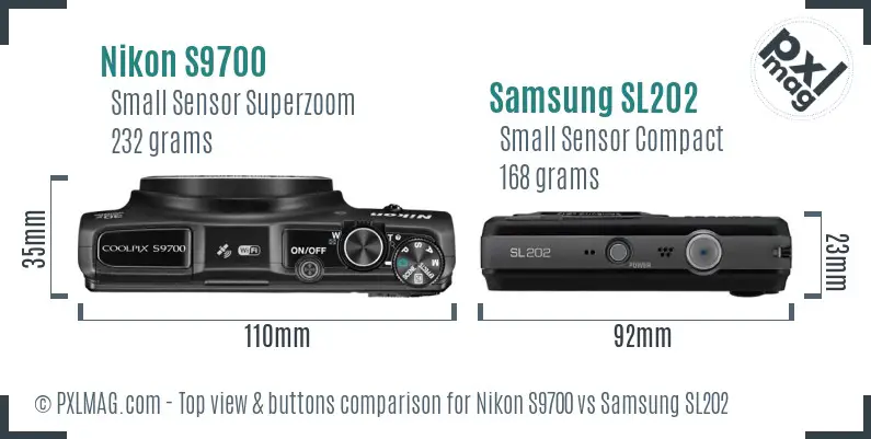 Nikon S9700 vs Samsung SL202 top view buttons comparison