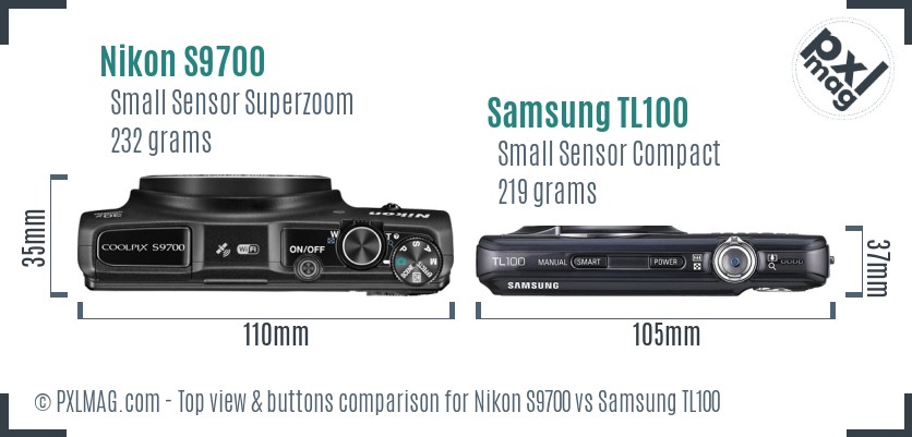 Nikon S9700 vs Samsung TL100 top view buttons comparison