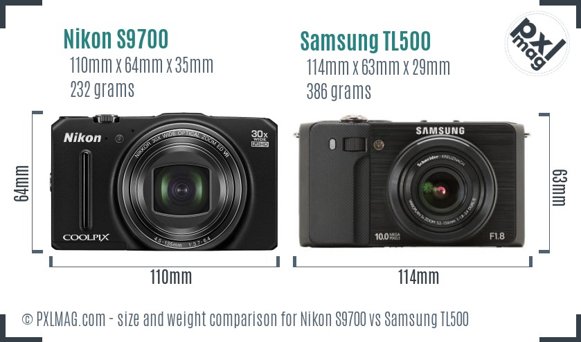 Nikon S9700 vs Samsung TL500 size comparison