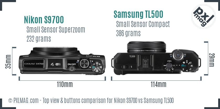 Nikon S9700 vs Samsung TL500 top view buttons comparison