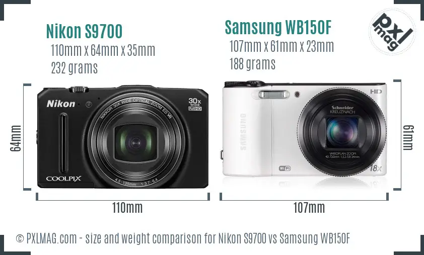 Nikon S9700 vs Samsung WB150F size comparison