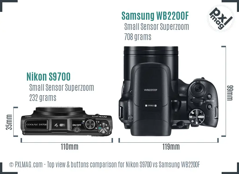 Nikon S9700 vs Samsung WB2200F top view buttons comparison Nikon S9700 vs Samsung WB2200F top view buttons comparison