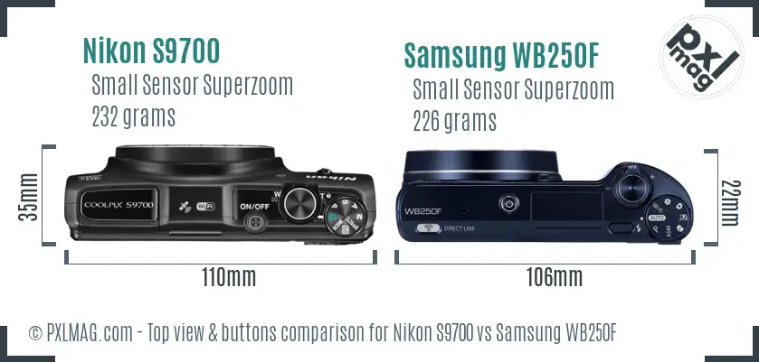 Nikon S9700 vs Samsung WB250F top view buttons comparison
