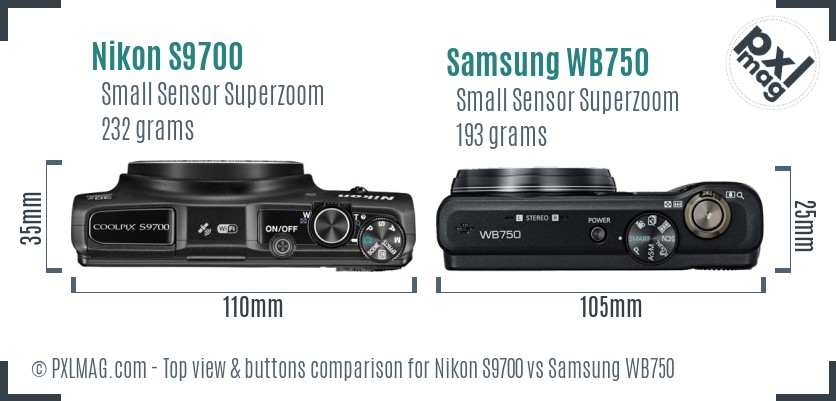 Nikon S9700 vs Samsung WB750 top view buttons comparison