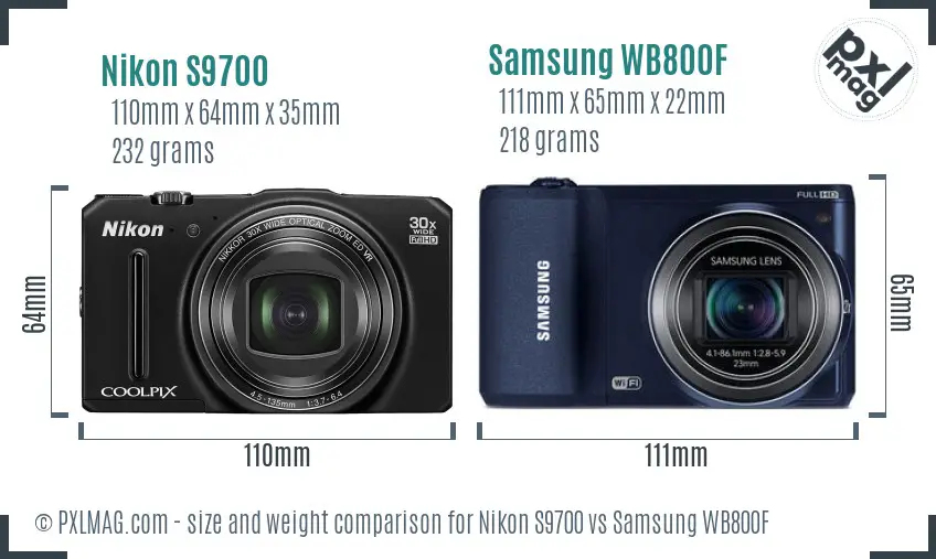 Nikon S9700 vs Samsung WB800F size comparison