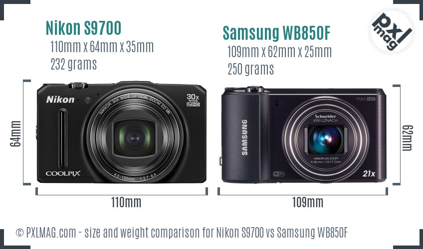 Nikon S9700 vs Samsung WB850F size comparison
