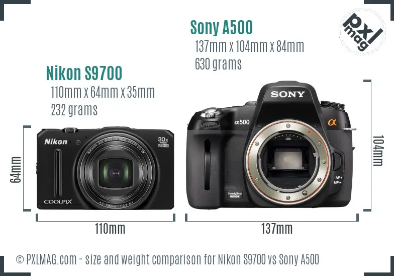 Nikon S9700 vs Sony A500 size comparison