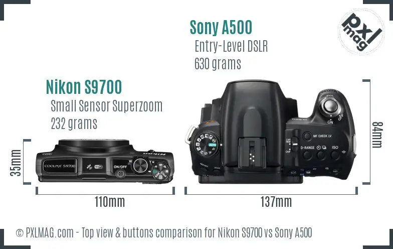 Nikon S9700 vs Sony A500 top view buttons comparison