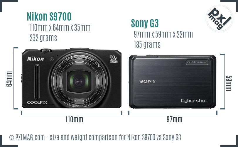Nikon S9700 vs Sony G3 size comparison