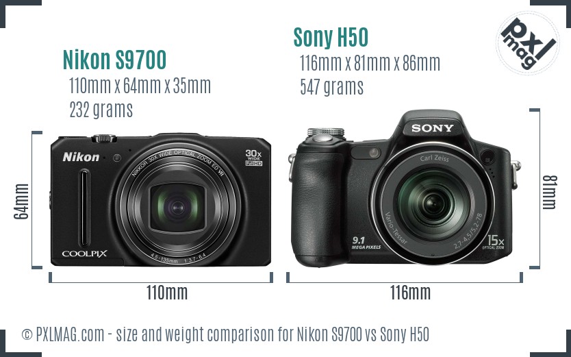 Nikon S9700 vs Sony H50 size comparison