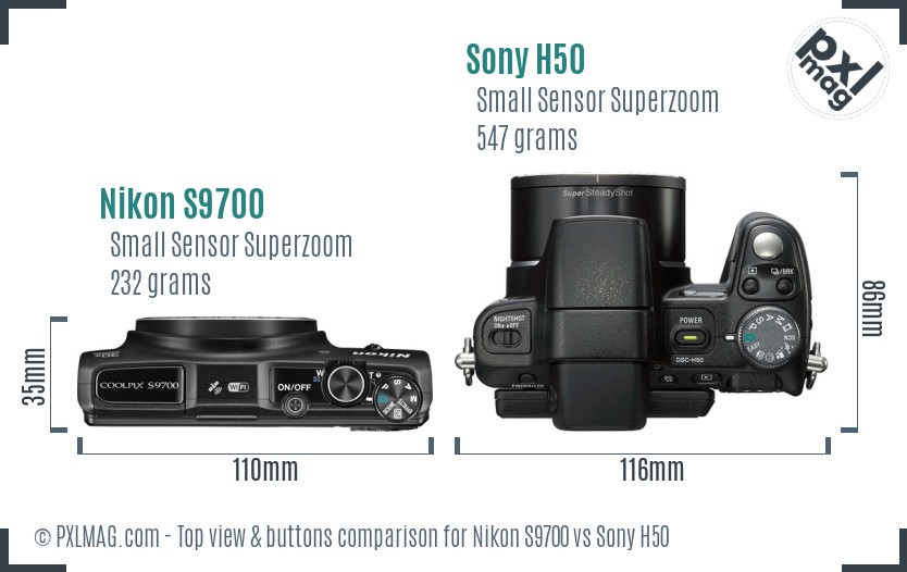 Nikon S9700 vs Sony H50 top view buttons comparison