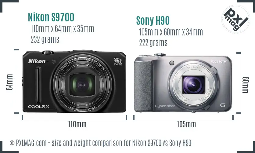 Nikon S9700 vs Sony H90 size comparison