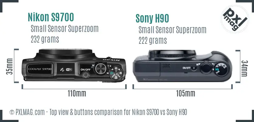 Nikon S9700 vs Sony H90 top view buttons comparison