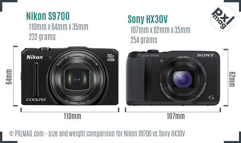 Nikon S9700 vs Sony HX30V size comparison